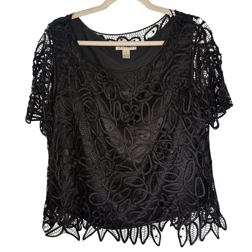 VTG Silken Poetry 100% Silk Beaded‎ Lace Top Black Whimsigoth Goth Coquette XL